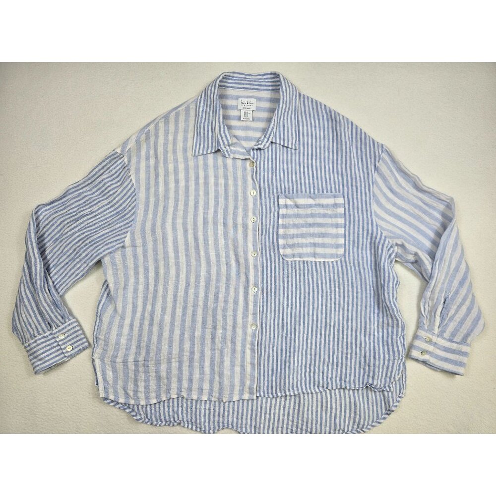 Nicole Miller New York Blue & White Striped 100% Linen Shirt XL - Picture 1 of 3